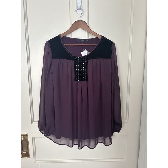 Susan Graver Artisan Beaded Velvet Detail Blouse Womens Size 12 Purple Boho NWT - Picture 1 of 9
